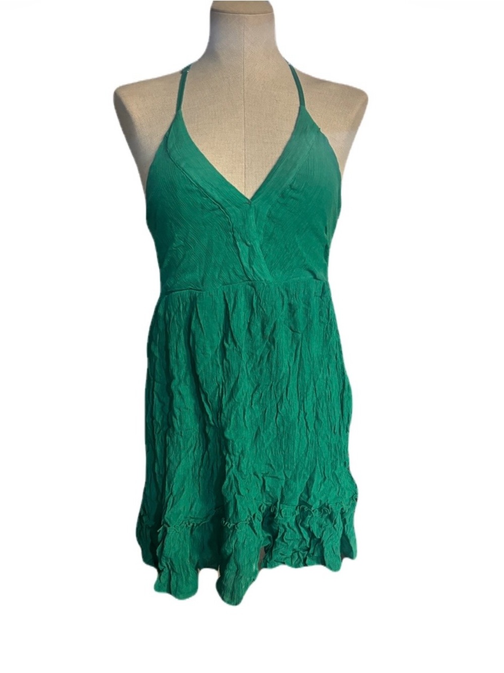 Green Halter Mini Dress - Lightweight V-Neck